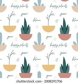 Patrón de macetas y citas de plantas. Para productos textiles, aplicación del producto. Ilustración vectorial, diseño plano