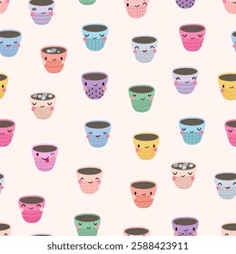 Plant pots seamless pattern. Kawaii funny emotional pot, gardening equipments. Decorative print design for fabric, website, wrapping, vector background