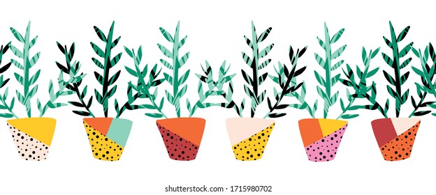 Plant pots seamless vector border. Repeating pattern with potted plants. Design for fabric trim, ribbon, card decor, duct tape, footer, letterhead