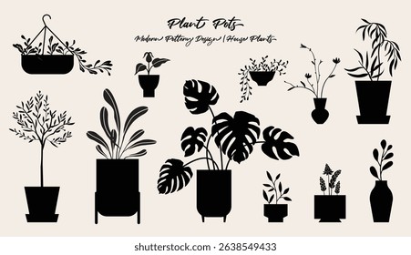 Plant pots vector illustration, folk art style, silhouette, black and white graphics, isolated elements.