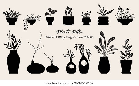 Plant pots vector illustration, folk art style, silhouette, black and white graphics, isolated elements.