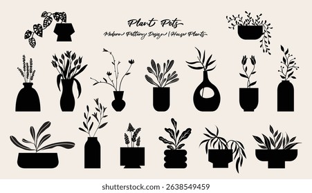 Plant pots vector illustration, folk art style, silhouette, black and white graphics, isolated elements.