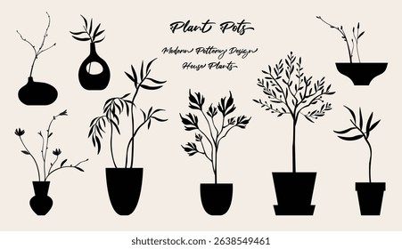 Plant pots vector illustration, folk art style, silhouette, black and white graphics, isolated elements.