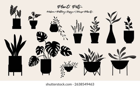 Plant pots vector illustration, folk art style, silhouette, black and white graphics, isolated elements.