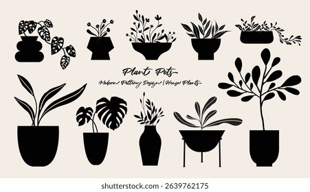 Plant pots vector illustration, folk art style, silhouette, black and white graphics, isolated elements.