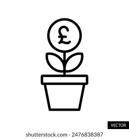 Plant with pound sterling symbol, return on investment, money tree, financial growth concept icon in line style design for website, app, isolated on white background. Editable stroke. EPS 10 vector.