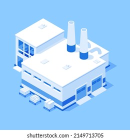 Plant production building with warehouse industrial factory exterior isometric vector illustration. Chemical manufacture storehouse product storage distribution depot hangar construction isolated