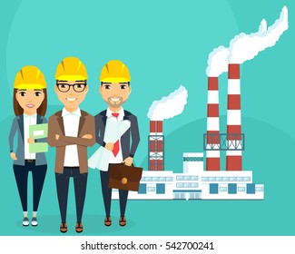 Plant for the production of electricity. A young team of engineers. The concept of creating a plant for the production of electric energy. Happy people