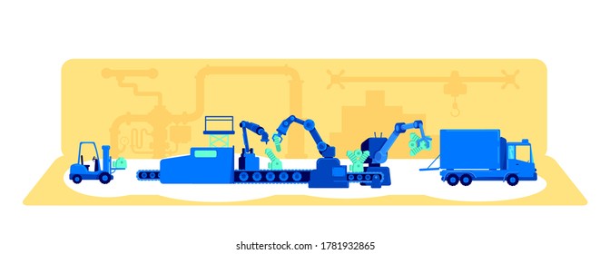 Ilustración de vectores de concepto plano del proceso de producción vegetal. Fabricación con maquinaria automatizada. Ilustración de dibujos animados 2D de fábrica para diseño web. Idea creativa de la industria inteligente