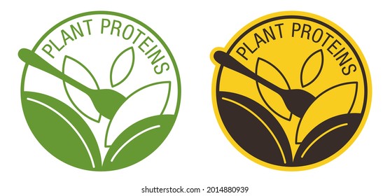 Plant proteins labeling pictogram - healthy nutrition icon for vegetarian food products packaging - green circle with plant sprout. Isolated vector emblem