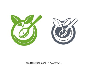 Plant proteins stamp - healthy nutrition icon for vegetarian food products packaging - green circle with plant leaf and spoon inside - isolated vector emblem