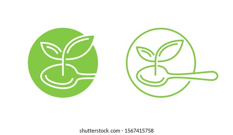 Plant Proteins Vegetarian Food Stamp - Healthy Nutrition Icon For Food Pruducts Packaging - Green Circle With Outline Leaf And Spoon Inside - Isolated Vector Emblem