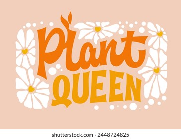 Reina de las plantas, letras de estilo groovy en colores cálidos. Tipografía de Vector creativa que exuda vibraciones reales para aquellos con pasión por las plantas. Conveniente para los propósitos de la impresión, de la moda y del Web