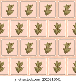 Planta acolchoado padrão sem emenda. Deixa patchwork repetir fundo. Floral retro post selos design infinito. Ilustração plana desenhada à mão do vetor.