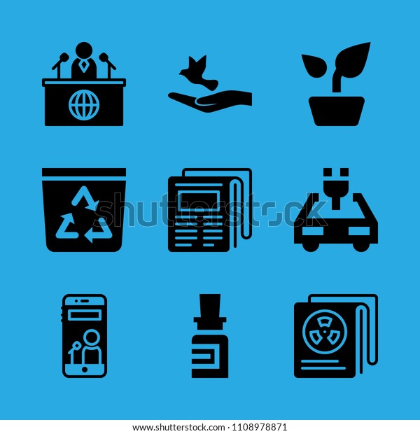 plant, recycle bin, newspaper, medicine, newspaper,\
electric car, dove of peace, news reporter and smartphone vector\
icon. Simple icons set