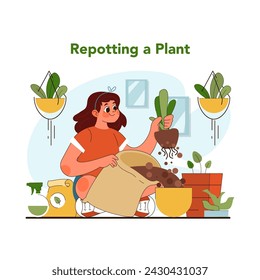 Plant repotting concept. Cheerful young girl learns how to repot houseplant, fostering connection with nature and home gardening skills. Care for nature and earth. Flat vector illustration