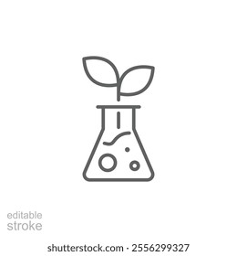 Plant research icon. Simple outline style. Laboratory test, flask, beaker, leaf, science, lab, smell, experiment, chemical concept. Thin line symbol. Vector illustration isolated. Editable stroke.