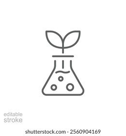 Plant research icon. Simple outline style. Laboratory test, flask, beaker, leaf, science, lab, smell, experiment, chemical concept. Thin line symbol. Vector illustration isolated. Editable stroke.