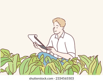 Los investigadores de las plantas están archivando. Ilustraciones de diseño vectorial de estilo dibujado a mano.