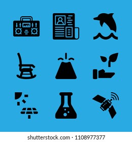 plant, rocking chair, volcano, dolphin, satellite, chemistry, solar panel, radio and newspaper vector icon. Simple icons set