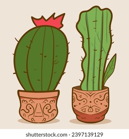 Plant room green cactus. Cute green cactus in flower pots Flat, cartoon style. Vector illustration white background. Element design.