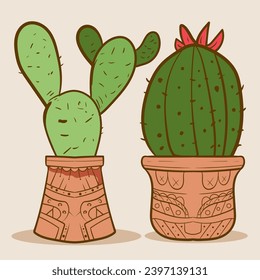 Plant room green cactus. Cute green cactus in flower pots Flat, cartoon style. Vector illustration white background. Element design.