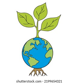 A Plant With A Root Grows On Planet Earth. Ecology. Environmental Pollution. Earth Day. Save Planet. Hand Drawn. Freehand Drawing. Sketch. Coloring Book.	