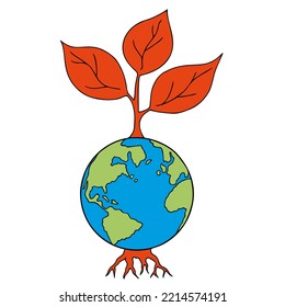 A plant with a root grows on planet Earth. Ecology. Environmental pollution. Earth Day. Save planet. Hand Drawn. Freehand drawing. Sketch.	