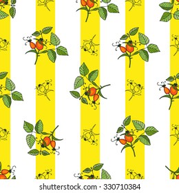 Plant rosehip seamless pattern with yellow stripes on white background. Can be used  for wallpaper, printed decoration in kitchen 