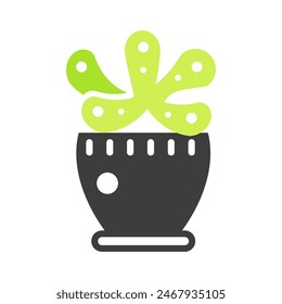 Plant with round leaves grows in pot, black and green line icon vector illustration