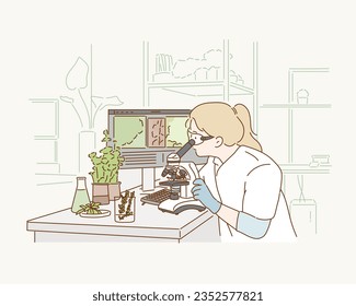 Plant science, Leaf growth, study and female scientist in a lab for agriculture development and scope testing. Hand drawn style vector design illustrations.