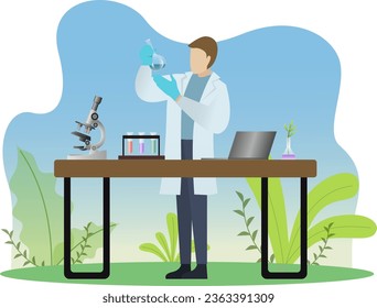 plant scientist examining sample in test tube glass vector illustration, Experimental scientist, laboratory assistant, biochemistry, agriculture industry