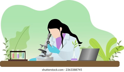 plant scientist looking through microscope in laboratory vector illustration, plants and microscope in laboratory for healthcare research, agricultural industry and education