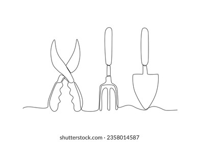 Tijeras de planta, tenedor de tierra y rociado. Dibujo de una línea de herramientas de granja
