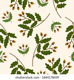Plant seamless pattern, beige background, oak branches and acorns, botany, flora, ideal for drawing on fabric, Wallpaper, wrapping paper or interior decor