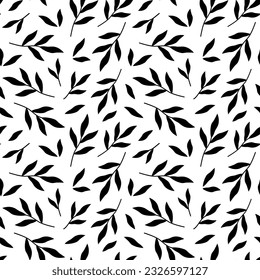 Planta sin costuras con hojas negras. Ilustración vectorial del follaje. Patrón botánico blanco y negro con ramas. Fondo caducifolio monocromo.
