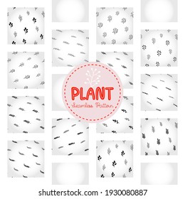 Plant seamless pattern, black and white hand-drawn tree doodle digital paper, abstract plants repeating background, the monochrome herb vector wallpaper, cute shrub decorative element