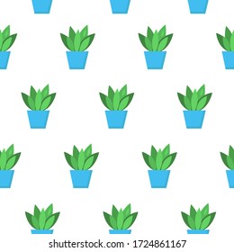 Plant seamless pattern with blue flowerpots. Repeating ornament for poster, banners, wrapping paper, packaging, scrapbook. Vector illustration