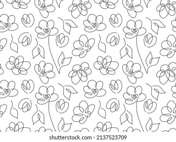 Plant seamless pattern. Continuous one line drawing flowers. Minimalist Print for textile, wallpaper. Abstract hand drawn flowers by one line. Fashionable trend vector illustration