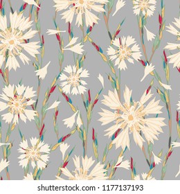 Plant seamless pattern of cornflowers and field spikelets, vector background illustration.