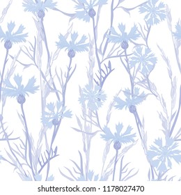 Plant seamless pattern of cornflowers and field spikelets, vector background illustration.