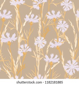 Plant seamless pattern of cornflowers and field spikelets, vector background illustration.