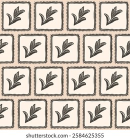 Plant seamless pattern. floral stencil on vintage frames allover background. Blocks pastel drawn repeat cover. Surface pattern design spring motif. Vector hand drawn monochrome illustration.