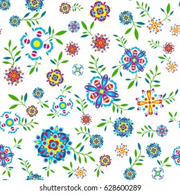 Plant seamless pattern with flowers and leaves. Vector illustration