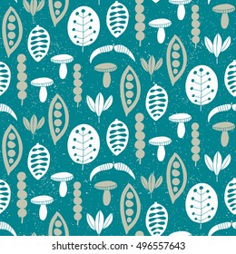 Plant seamless pattern with leaf, mushroom, seed. Vector illustration. Wrapping. Surface design.