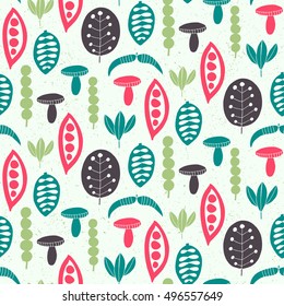Plant seamless pattern with leaf, mushroom, seed. Vector illustration. Wrapping. Surface design.