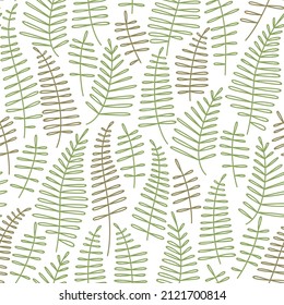 Plantar un patrón sin fisuras en el estilo de arte en línea. Primas verdes de hierba sobre un fondo blanco. Diseño de accesorios femeninos. Ilustración vectorial plana.