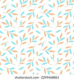 Plant seamless pattern with orange and blue leaves. Vector illustration of foliage. Botanical pattern with twigs. Deciduous background.