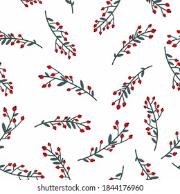 Plant seamless pattern, white background, green branches, leaves and red berries, rose hip plant, perfect for drawing on fabric, Wallpaper, wrapping paper or interior decor