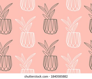 Plant seamless vector pattern. Potted plant hand drawn. Cute outline flower sketch. Vector illustration